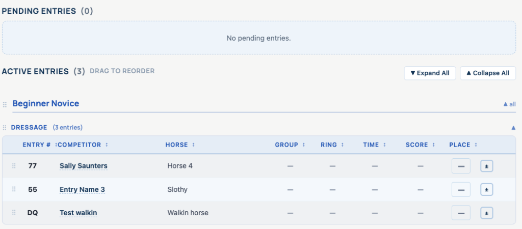 Active Entries lists on a Division Class Secretary Show Card