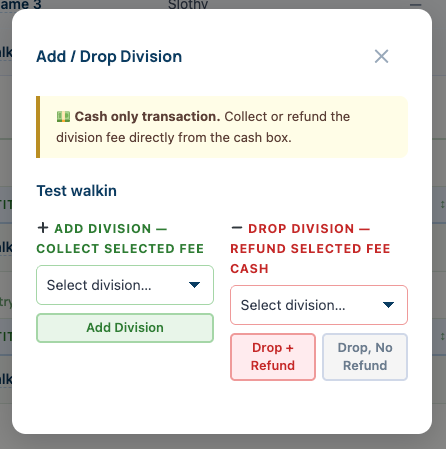 Secretary Add Drop window for changing an active entry by class or division
