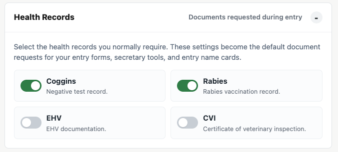 Default health record settings for show entries