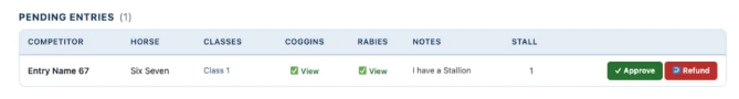 Pending Entries table on a Division Class Secretary Show Card