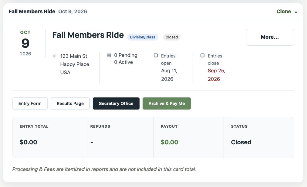 Archived Show Manager card displaying payout amount, payout status, and paid date