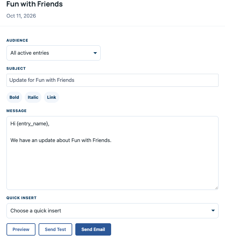 Email Entries window opened from a Show Manager dashboard show card