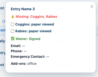 Show check-in entry card with document-review checkboxes, waiver status, and contact information