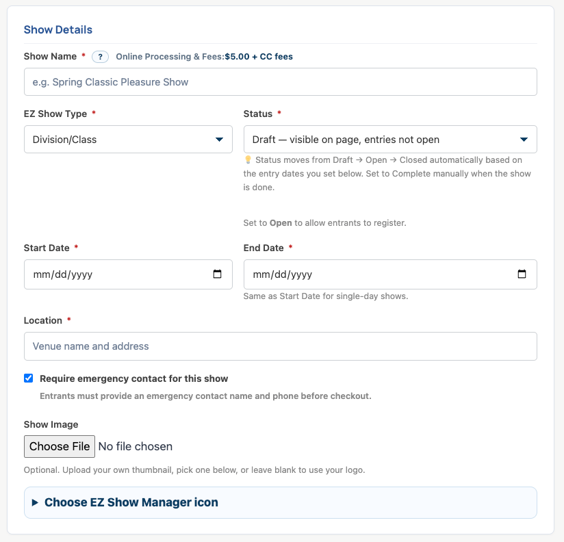 Clone Show form with copied setup ready to review
