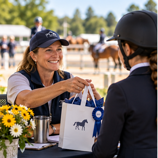 Volunteer at a horse show handing a ribbon bag to a rider
