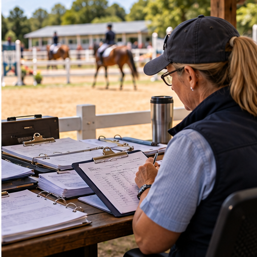 Horse show secretary reviewing class paperwork beside an arena