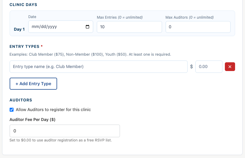 Clinic Configuration section of the Create Show form