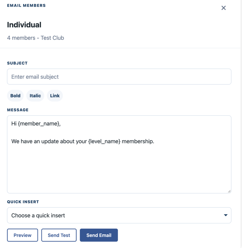 Email Members form with subject, formatting, message, quick insert, preview, test, and send controls