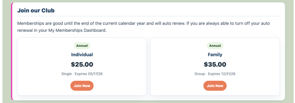 Enhanced public organization page displaying membership cards and Join Now buttons