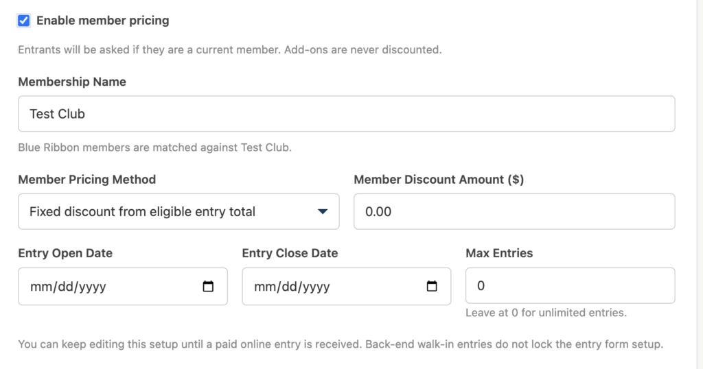 Show Entry Settings with member pricing enabled and fixed or percentage discount controls