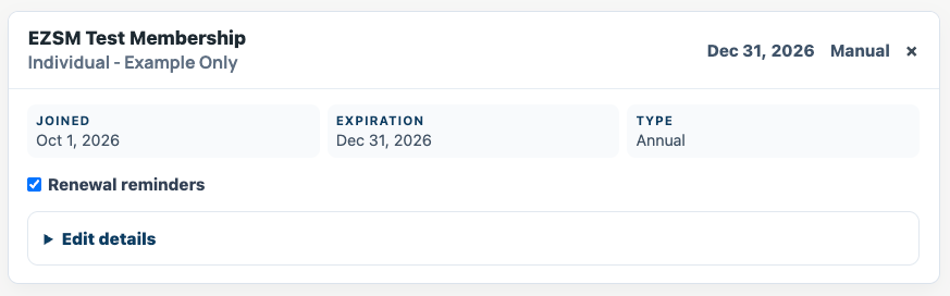 Expanded My Memberships card with membership details and editable contact information