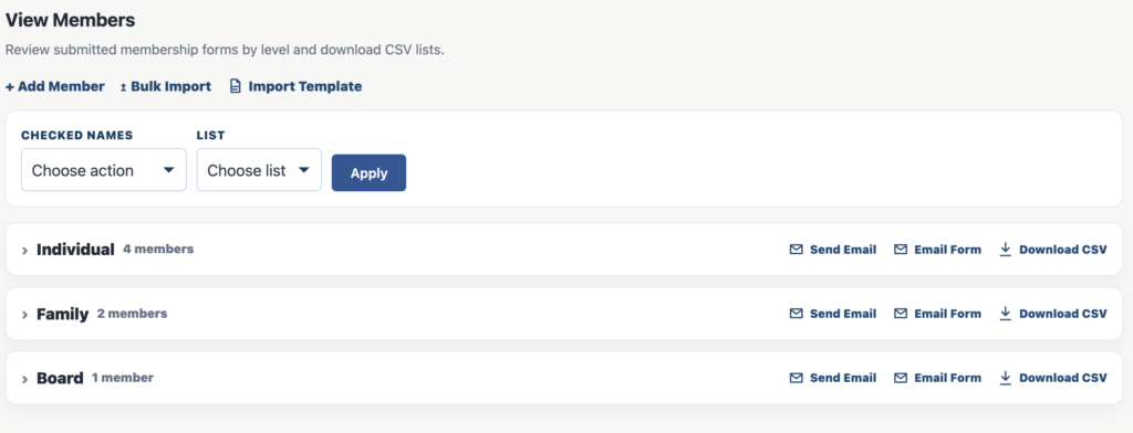 View Members page with add, import, list organization, email, and CSV controls
