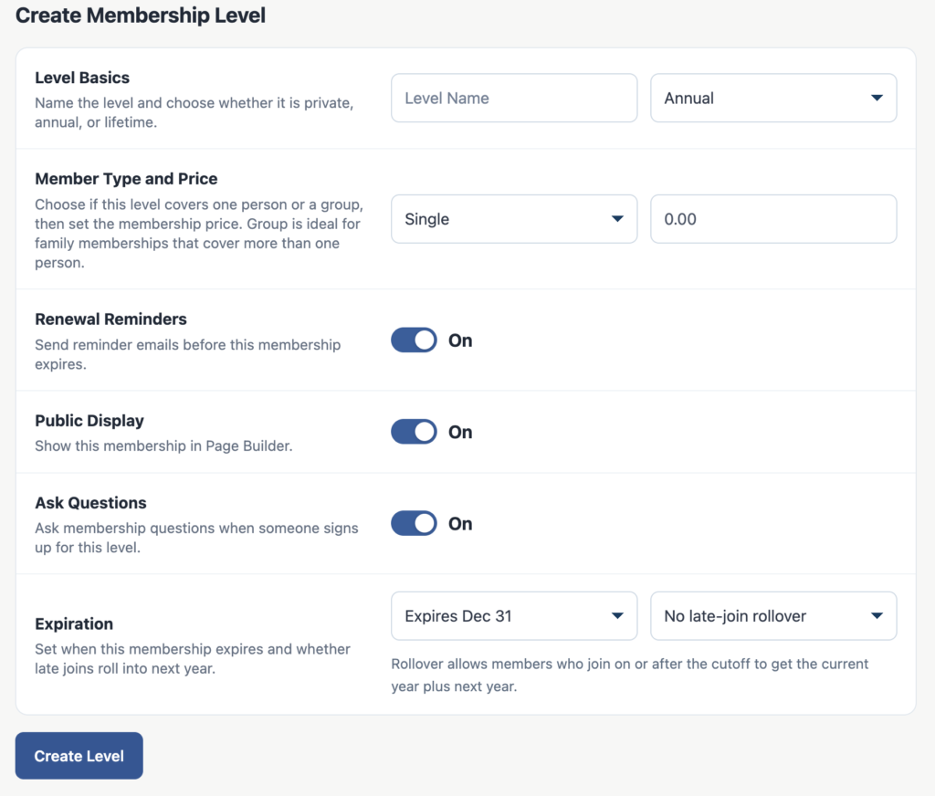 Membership Settings screen for organization name, multiple memberships, and membership questions